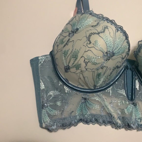 Pale Blue Floral Lace Longline Underwire Bra 34 B - Picture 2 of 5